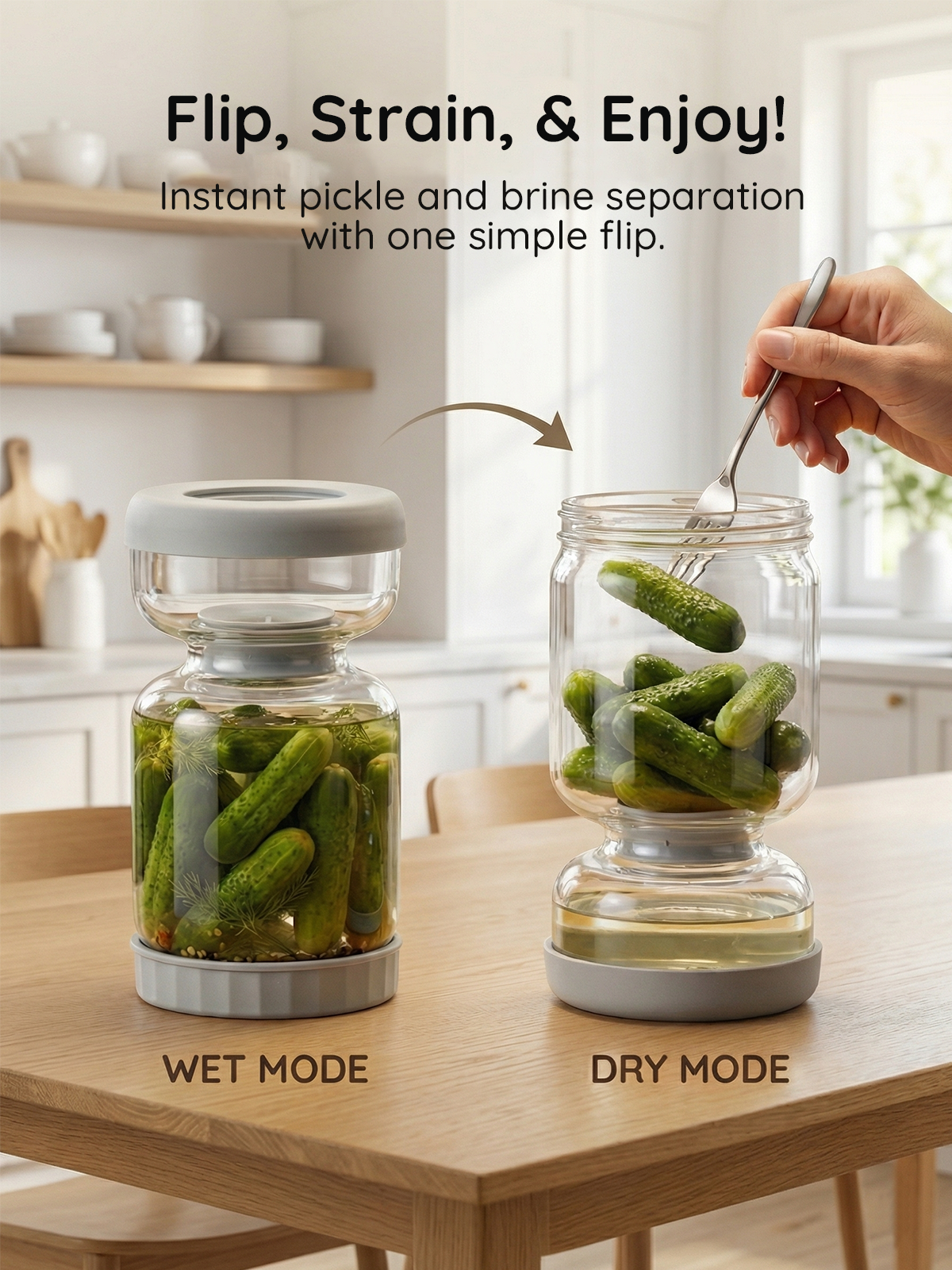Homnoble Pickle and Olive Hourglass Jar with Strainer Flip for Pickle Juice Separator from Wet and Dry, Upgrade Food-grade ABS Lid and BPA Free Hourglass Pickle Jar for Airtight Food Storage