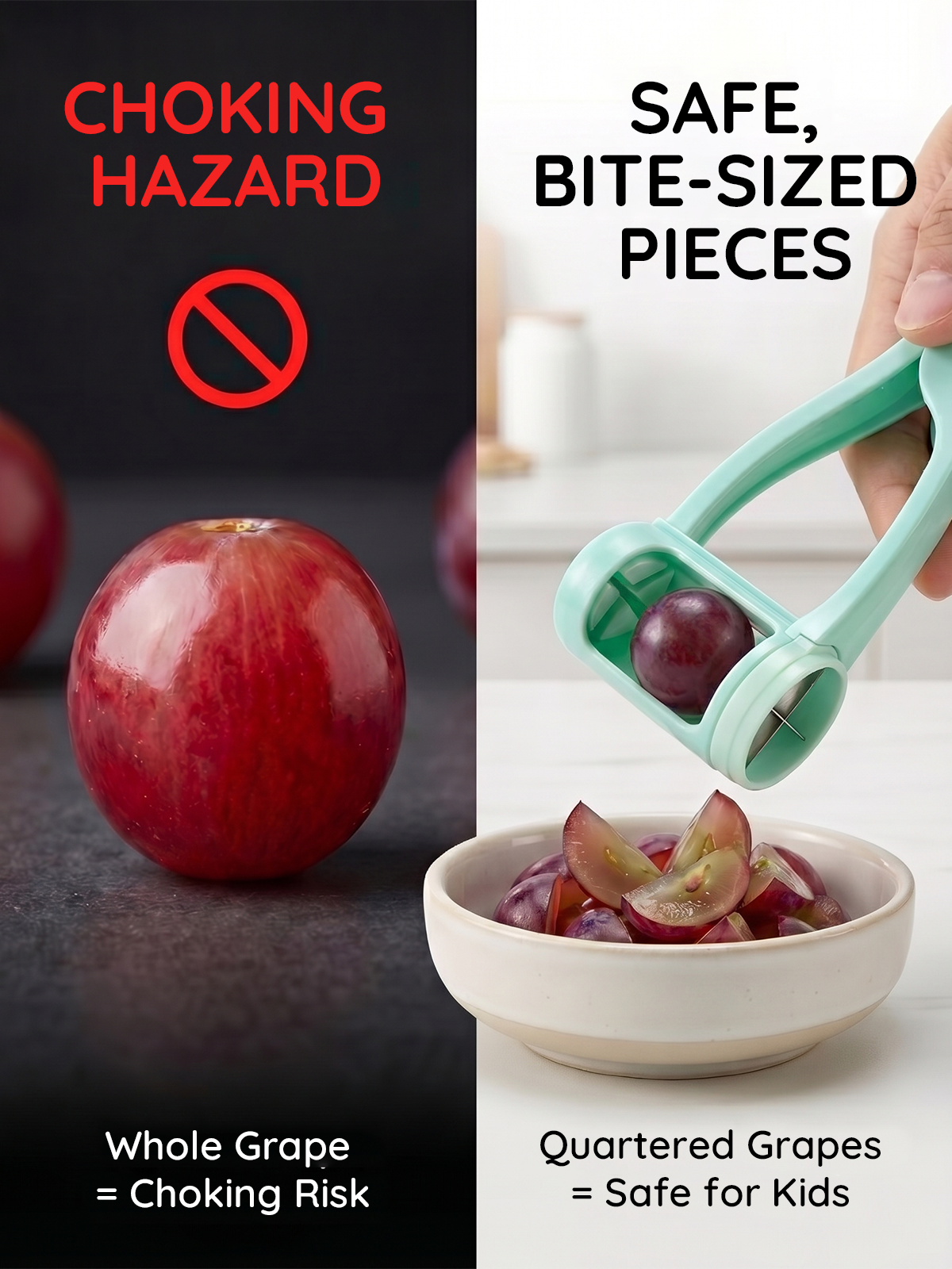 Homnoble Grape Cutter for Toddlers & Baby - Stainless Steel Grape & Cherry Tomato Slicer for Kids Lunch Box - Portable Small Fruit Quarterer Tool, Prep for Salad & Healthy Snacks