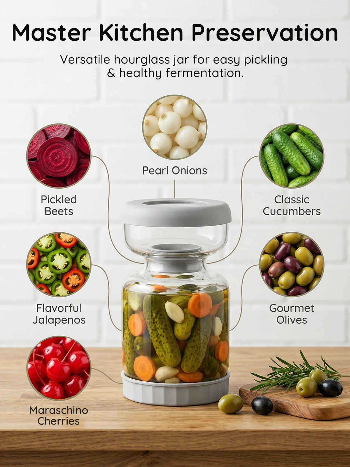 Homnoble Pickle and Olive Hourglass Jar with Strainer Flip for Pickle Juice Separator from Wet and Dry, Upgrade Food-grade ABS Lid and BPA Free Hourglass Pickle Jar for Airtight Food Storage